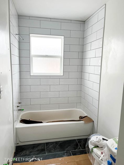 DIY tips for tiling a tub surround | TwoFeetFirst Bathroom Renovation Diy, Trendy Bathroom Tiles, New Bathroom Ideas, Beige Bathroom, Diy Bathroom Remodel, Bathroom Tub, Trendy Bathroom, Wood Bathroom, Bathroom Floor Tiles