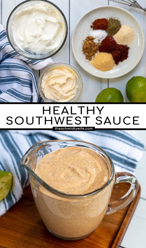 Southwest Dressing Recipe, Greek Yogurt Dressing Recipes, Greek Yogurt Mayo, Southwest Dressing, Low Calorie Sauces, Southwest Sauce, Taco Salad Dressing, Low Calorie Salad, Greek Yogurt Sauce