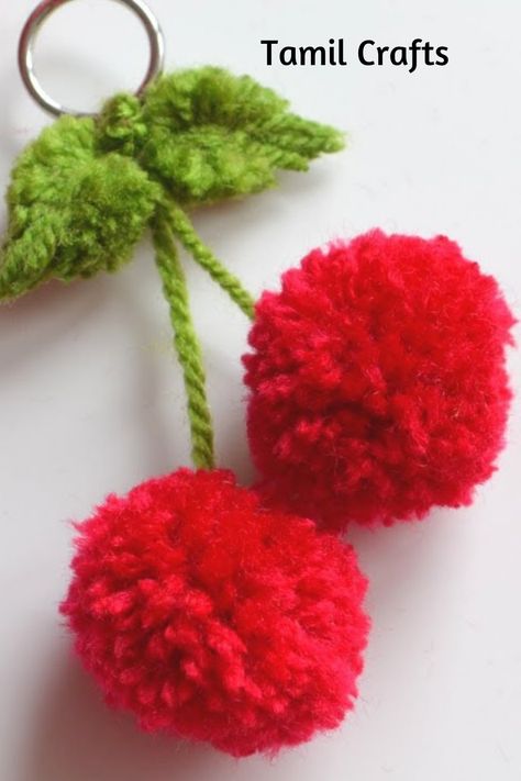 Cherry Pom Pom, Woolen Thread Craft Ideas, Cherry Keychain, Pom Crafts, Diy Pom Poms, Yarn Craft, Easy Halloween Crafts, Pom Pom Crafts, Crochet Shop