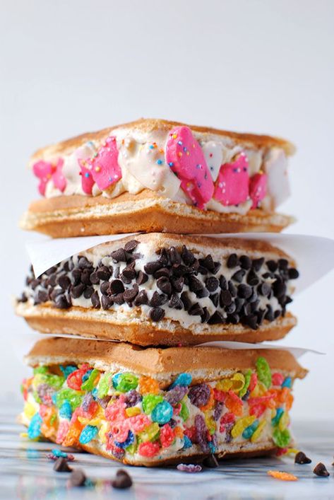 These waffle ice cream sandwiches are such an easy dessert to make and will quickly become your new favorite summer dessert! For more summer dessert ideas, check out FreezerFreshIdeas.com! #icecream #icecreamrecipes  #kitchenaidicecreamrecipes #summer #summerrecipes #love #partyrecipes #birthdaypartyrecipes #food #foodrecipes #foodideas #fooddrink #yummyrecipes #deliciousfood #fooddrink #foodrecipes #dessertrecipes #easyrecipes #allrecipes #food_drink #buzzfeed #partycity #diyfood Ice Cream Sandwich Recipes, Waffle Ice Cream Sandwich, Big Ice Cream, Ice Cream Waffle, Ice Cream Sandwiches Recipe, Waffle Ice Cream, Homemade Vanilla Ice Cream, Homemade Waffles, Waffle Sandwich