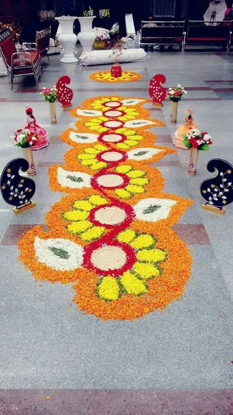 Sapthapadhi Designs, Sapthapadhi Decorations, Welcome Flower Rangoli, Kankupagla Decoration At Home, Welcome Rangoli With Flowers, Saptapadi Decoration, Saptapadi Decoration Ideas, Kanku Pagla Decoration At Home, Flowers Rangoli Designs Ideas