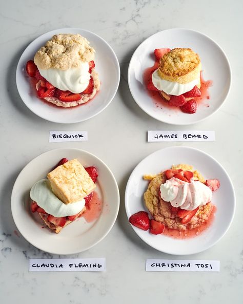 the four strawberry shortcakes sit in plates on a table Shortcake Bisquick Recipe, Best Shortcake Recipe, Strawberry Shortcakes Recipe, Strawberries Shortcake Recipe, Berry Shortcake Recipe, Best Strawberry Shortcake Recipe, Shortcake Recipe Easy, Bisquick Strawberry Shortcake, Strawberries Shortcake