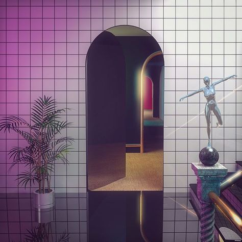 Vaporwave Room, 1980s Decor, 80s Interior Design, 3d Cinema, 80s Interior, 80s Decor, Vaporwave Art, New Retro Wave, Arched Doors