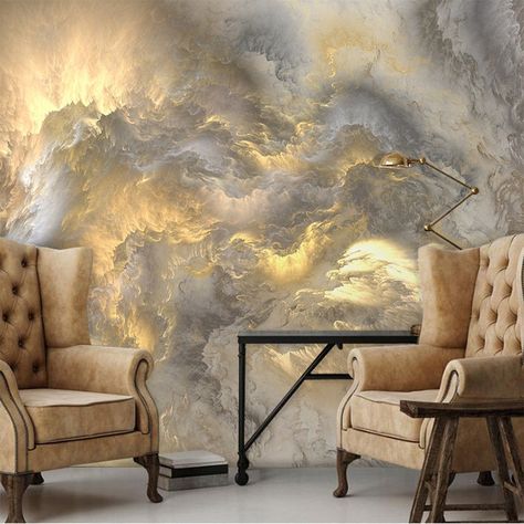 Gold Peacock Wallpaper, Grey Marble Wallpaper, Purple And Gold Wallpaper, Cloud Bedroom, Cloud Sticker, Tapete Gold, Marble Wall Mural, Yellow Cloud, Cloud Wall