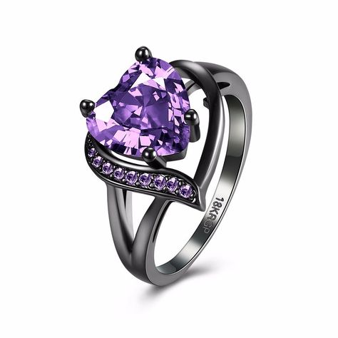 Rings Heart, Heart Purple, Heart Wedding Rings, Black Gold Ring, Black Gold Jewelry, Party Women, Zirconia Rings, Heart Fashion, Heart Shaped Rings