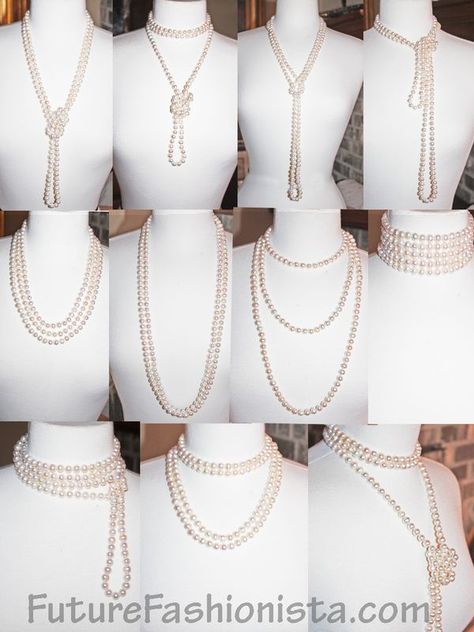 So many pearls... so little time! Wear them Layered, twisted, knotted, tied, wrapped and pinned. Ideas for your 72" strand: http://futurefashionista.com/wh8mmfrpe72s.html Look Gatsby, How To Wear Pearls, Pearl Rope, Bijoux Art Deco, Flapper Costume, Great Gatsby Party, Wear Pearls, Long Pearl Necklaces, 20s Fashion