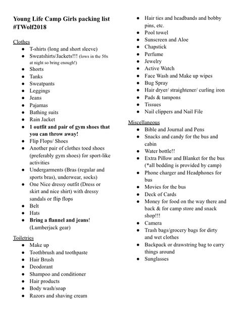 Packing List For School Camp, Summer Church Camp Packing List, Camp America Packing List, What To Pack For School Camp, Camp Essentials For Girls Summer, Camping Packing List Women, Packing List For Summer Camp, Bible Camp Packing List, Younglife Camp Outfits