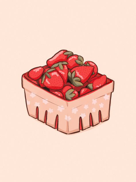 an illustration of a pink basket of strawberries. the basket has a pattern of white daisies Strawberry Basket Aesthetic, Strawberry Basket Drawing, Strawberry In Basket, Notion Cover, Strawberry Basket, Strawberry Box, Strawberry Theme, Strawberry Art, Basket Drawing