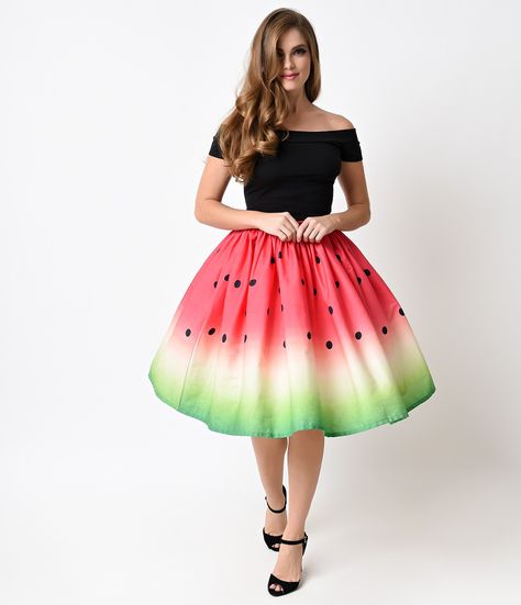 Watermelon Skirt, Watermelon Dress, Retro Skirt, Printed Pleated Skirt, Dot Skirt, Look Vintage, Ethnic Fashion, Printed Skirts, Vintage 1950s