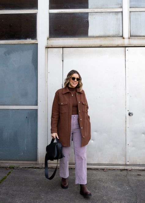 Lavender Street Style, Lilac Corduroy Pants Outfit, Lilac Brown Outfit, Lavender Jeans Outfit Color Combos, Lilac Wide Leg Pants Outfit, Purple Corduroy Jacket Outfit, Outfit With Purple Pants, Lilac And Brown Outfit, Purple Jeans Outfit Aesthetic