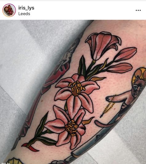 Lilly Tattoo Traditional, American Traditional Lily, American Traditional Lily Tattoo, Lily Traditional Tattoo, Traditional Lily Tattoo, Tiger Lily Tattoos, Lily Tattoos, Trad Tattoos, Water Lily Tattoos