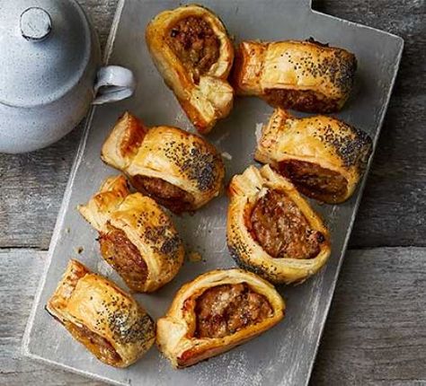 Caramelised onion & thyme sausage rolls Perfect Picnic Food, Caramelised Onion Chutney, Vegan Sausage Rolls, Sausage Rolls Recipe, Vegetarian Sausages, Caramelised Onion, Sausage Roll, Finger Foods Easy, Bbc Good Food