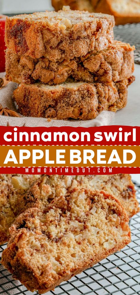 Try this Cinnamon Swirl Apple Bread! This baked apple breakfast is also great as a snack or dessert. Moist and flavorful, this apple cinnamon bread is irresistible! Save this simple fall recipe and enjoy this homemade bread with family and friends! Cinnamon Twist, Apple Bread Recipe, Mom On Timeout, Apple Cinnamon Bread, Cinnamon Swirl Bread, Fall Baking Recipes, Apple Recipes Easy, Swirled Bread, Apple Dessert Recipes