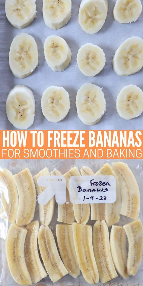 banana slices on parchment lined baking sheet and quartered bananas in plastic zipper bag Freezing Bananas, Banana Slices, Frozen Bananas, Overripe Bananas, Banana Slice, Most Popular Recipes, Banana Recipes, Frozen Meals, Frozen Banana