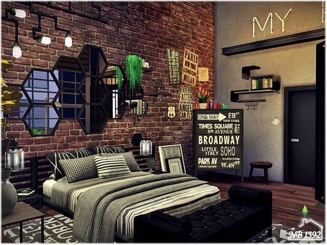 nobody1392's Industry Bedroom Sims 4 Industrial Bedroom, Sims 4 Industrial Cc, Sims 4 Boys Room, Sims Bedroom Cc, Sims 4 Teen Bedroom Cc, The Sims 4 Cc Bedroom, Sims 4 Teen Bedroom, Sims 4 Industrial, Bedroom Brick Wall