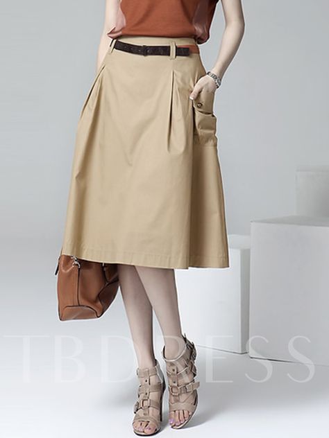 Plain Pleated Pocket Knee-Length Women's Skirt Line Skirt Outfit, Khaki Shirt Dress, Button Midi Skirt, Cheap Fashion Dresses, Plain Skirt, Green Evening Dress, Khaki Shirt, Beige Skirt, Evening Dresses With Sleeves