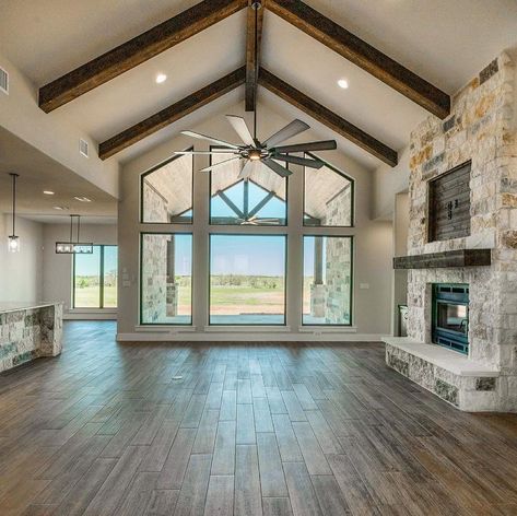 A grand view inside and out! #grandendeavorhomes #dreamhome #customhomes #texasrealestate #texasrealtor #atxrealestate #atxrealtor… | Instagram Dream Home Ranch Style, Grand Endeavor Homes, Neutral House Design, Home Decor Ideas Barndominium, Vaulted Ceiling Floor Plan, Grand Fireplace Ideas, Vaulted Living Room With Beams, Dream Ranch Homes, New House Building Ideas