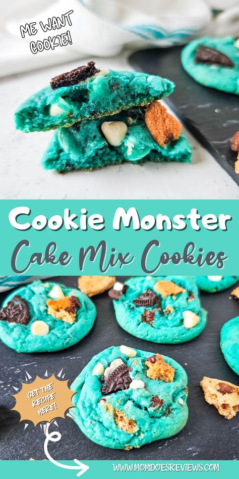 Cake Mix Cookie Monster Cookies - Mom Does Reviews Cake Box Cookie Recipes, Cookies And Cream Cake Mix Cookies, Cookie Monster Cake Mix Cookies, Cake Mix Monster Cookies, Big Batch Cookie Recipes, Cookie Monster Cookies Recipe, Halloween Cake Mix Cookies, Vanilla Cake Mix Cookies, White Cake Mix Cookies