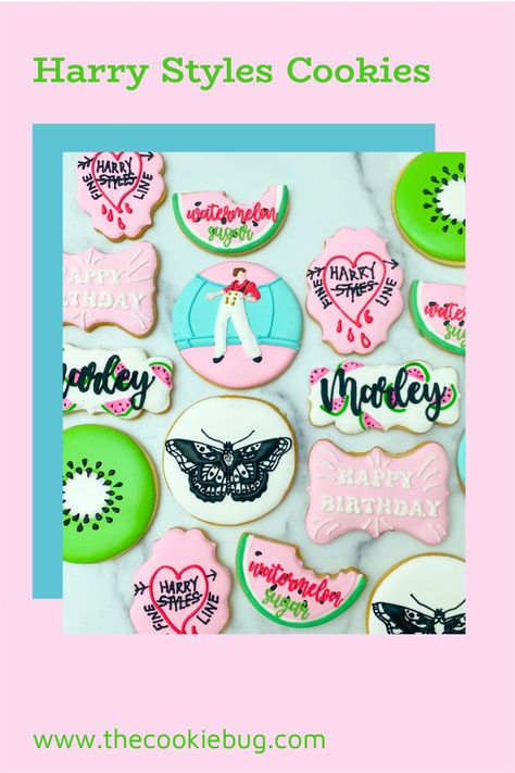 Harry Styles Cookies, Butterfly Tattoo Fine Line, Valentine Cookie Kit, Watermelon Sugar Cookies, Harry Styles Birthday, Golden Party, Harry Birthday, Ninjago Party, Birthday Ideas For Her