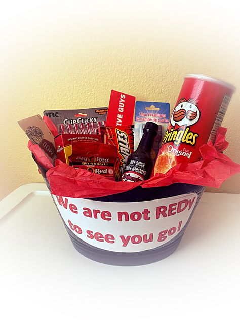 Going away gift basket #not ready Goodbye Basket For Coworker, Leaving Job Gift Ideas For Coworkers, Goodbye Gifts For Coworkers Diy, Coworker Leaving Gift Basket, Diy Gifts Coworkers, Red Gift Basket, Mailable Gifts, College Gift Baskets, Counseling Room