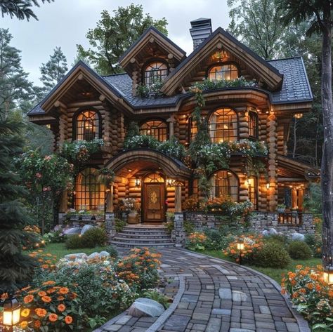 Cozy Mansion Exterior, Lodge House Exterior, Big Cottage House, House With Tower, Woodland Mansion, Big Cottages, Cabin Mansion, Castle House Design, Casa Hobbit