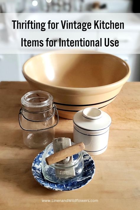 The best thing about Thrifting for Vintage Kitchen Items for Intentional Use is that you can find unique and one-of-a-kind items that are not available in regular stores. Thrifting Kitchenware, Thrifted Kitchen, Vintage Repurposed Items, Vintage Kitchen Items, Baking Basket, Vintage Kitchen Accessories, Vintage Canisters, Vintage Repurposed, Repurposed Items