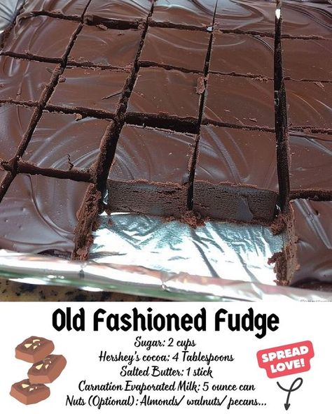 Easy Family Recipes Carnation Milk Fudge Recipe, Old Fashion Fudge, Fudge With Evaporated Milk, Old Fashion Fudge Recipes, Old Fashioned Fudge, Easy Family Recipes, Hershey Cocoa, Fudge Recipes Easy, Fudge Recipe