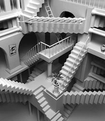 Mc Escher Stairs, Stairs Illusion, M C Escher Art, Escher Stairs, Stairs Wall Art, Escher Art, Stairs Wall, Deconstructivism, M C Escher