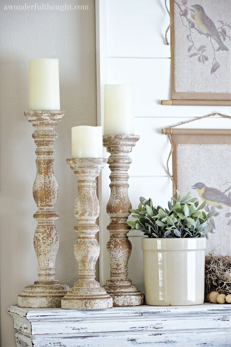 Spring Farmhouse Bird Mantel - A Wonderful Thought Farmhouse Candlestick Decor, Candle Sticks On Mantle, Mantle Candlesticks, Candle Stick Decor Ideas, Farmhouse Candlesticks, Antiqued Candle Holders, Mercury Glass Diy, Candle Stick Decor, Tall Candlesticks