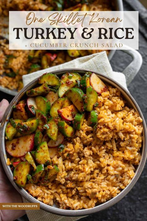 Korean Ground Turkey, Ground Turkey And Rice, Turkey And Rice, Spicy Cucumber, Meal Prep Menu, Veggie Skillet, Rice Skillet, One Skillet Meals, One Skillet