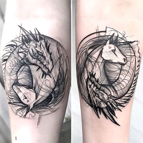 The best matching sketch tattoo idea for couples. A yin-yang symbol made of a unicorn and a dragon. Style: Sketch. Color: Black. Tags: Best, Matching, Couples Duality Tattoo Ideas, Duality Tattoo, Targaryen Tattoo, Sketchy Tattoo, Dragons Tattoo, Sketch Style Tattoos, White Tattoos, Dragon Horse, Chinese Dragon Tattoos