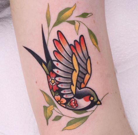 Small Tattoos Old School, Neotrad Swallow Tattoo, American Traditional Tattoos Bird, Swallow Tattoo Color, Sparrow Tattoo Traditional, Traditional Dove Tattoo, Two Birds Traditional Tattoo, Bird Tattoo Traditional, Traditional Ankle Tattoo