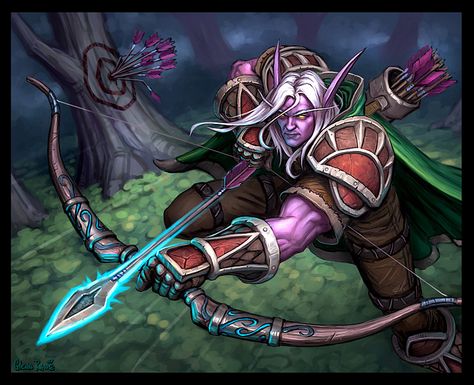 Night Elf Hunter Hearthstone Artwork, Hearthstone Heroes, Warcraft Movie, World Of Warcraft Characters, Warcraft Characters, Warcraft Art, Night Elf, Blizzard Hearthstone, Demon Hunter