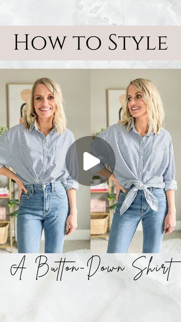 Katie Haller on Instagram: "Style Tip Tuesday!! 

I love button-down shirt, especially in spring. But styling them can be a bit tricky for some. 

Here are 2 ways I like to style my button-down shirts!

Comment LINK and I will send you the shopping details! 

Other ways to shop! 🛍️
• Download the free @shop.ltk app and search thriftywifehappylife for shopping details and sizing! 
• Go to the link page in my bio. Click on the “shop my LTK page” button.

#styletips #buttondownshirt #howtowearit #springstaples #springstyle #stripeshirt #howtostyle" Tiring A Button Up Shirt, How To Tie My Button Up Shirt, Button Up Shirt Outfit Plus Size, Shirt Tying Hacks Button Up, Ways To Style Shirt Women, Tucking In A Button Down Shirt, How To Tie Button Up Shirt, Tuck Button Down Shirt Women, How To Wear Button Down Shirts Women