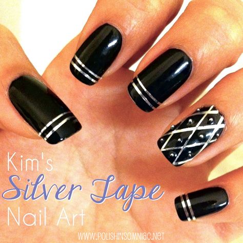 Nails Silver Black, Nails With Stripes, Tape Nails, Black Silver Nails, Line Nail Designs, Purple Manicure, Silver Tape, Tape Nail Art, Fun Nail Colors