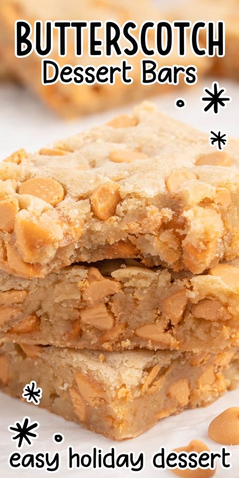 Butterscotch bars are a deliciously rich treat, blending buttery brown sugar with melty butterscotch chips in a chewy bar that's sure to delight both your friends and family. Butterscotch Desserts, Butterscotch Recipes, Butterscotch Bars, Butterscotch Blondies, Easy Dessert Bars, 70 Birthday, Butterscotch Cookies, Easy Holiday Desserts, Applesauce Cake