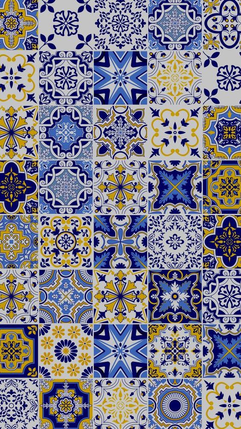 Dark Blue and Yellow Azulejo Phone Wallpaper Watercolor Tiles Pattern - Templates by Canva Italian Tiles Pattern, Italian Pattern, Greek Pattern, Greek Blue, Wallpaper Watercolor, Mediterranean Tile, Tiles Pattern, Yellow Tile, Pattern Template