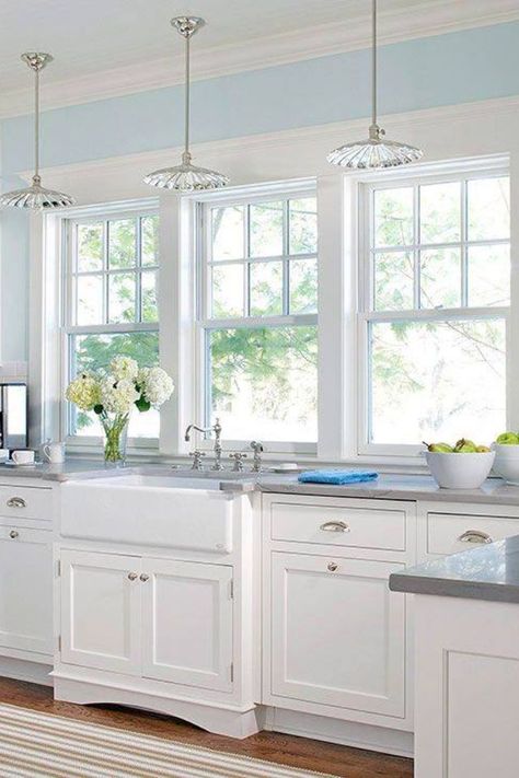 hello farmhouse sink, great kitchen windows and white kitchen cabinets. Love you. White Kitchen Interior, House Of Turquoise, White Kitchen Decor, Decor Ikea, Kitchen Cabinets Decor, White Kitchen Design, Bohol, Kitchen Decorating, Farmhouse Style Kitchen