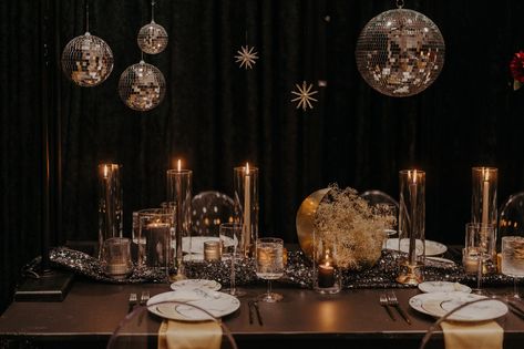 Celestial Disco, Black Disco Wedding, Candles And Disco Balls, Gold Disco Ball Wedding Decor, Winter Wedding Disco Balls, Moody Disco Wedding, Moody Disco Ball Wedding, Disco Balls And Chandeliers Wedding, Wedding Reception Candles