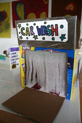 Filth Wizardry: Home made toy carwash Home Made Toy, Toy Car Wash, Cardboard Play, Cardboard Car, Prop Box, Upcycle Crafts Diy, Cardboard Box Crafts, Cardboard Toys, Elementary Library