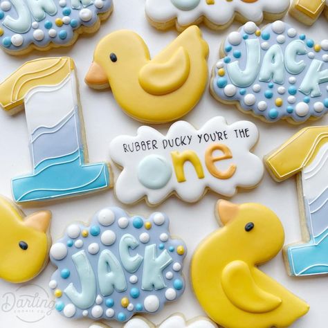 Rubber Ducky Cookies, Ducky Themed Birthday Party, Yellow Duck Birthday Party, Rubber Duckie Cake, Rubber Duck Cookies, Rubber Duck 1st Birthday Party, Rubber Duck Party Ideas, Rubber Duck Themed Birthday Party, Rubber Ducky First Birthday Party