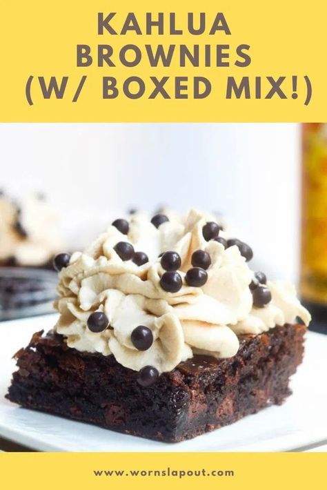 These Kahlua Brownies are so easy, so delicious, and use boxed brownie mix! Then they're topped with a kahlua whipped cream frosting which makes the brownies that much more delicious! Boozy kahlua brownies, here you come! For more boozy desserts, visit wornslapout.com! Kahlua Brownies, Drunken Desserts, Boozy Baking, Kahlua Recipes, Boozy Cupcakes, Alcoholic Desserts, Boozy Desserts, Mini Dessert, Brownie Desserts