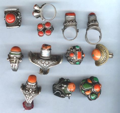 Group of Rings and Hair Rings from Tibet, Mongolia, N. Pakistan and Caucasia | Himalayan and Mongolian rings except lower row middle, is Caucasian from Dhaghestan and first row pair are from Pakistan | ©Linda Pastorino Hippy Rings, Global Bohemian, Tibetan Jewelry, Coral Jewelry, Ancient Jewelry, Hair Rings, Ethnic Jewelry, Mongolia, Bohemian Jewelry