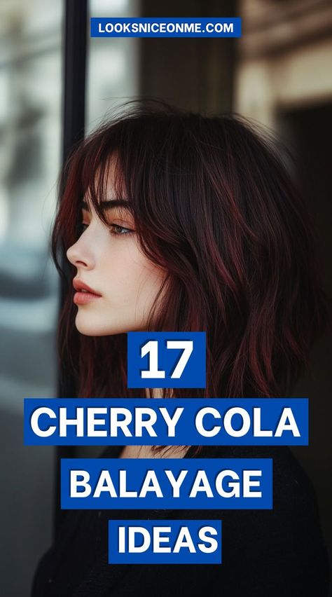 "Experience the richness of cherry cola balayage! This gorgeous color blend showcases deep burgundy and brown tones, adding warmth and vibrancy to your hair while maintaining a chic, sophisticated feel. #HairInspo #Balayage #CherryCola" Cherry Cola Balayage, Burgundy Brown Hair, Cherry Brown Hair, Burgundy Balayage, Balayage Styles, Burgundy And Brown, Balayage Ideas, Cherry Brown, Brown Balayage