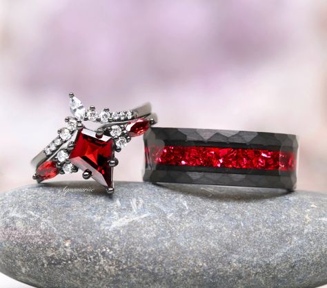 Introducing the exquisite Skye Natural Red Garnet Couples Ring Set, a stunning symbol of eternal love and devotion. Crafted with meticulous attention to detail, this set features His and Hers Matching Wedding Bands, each exuding an aura of timeless elegance and contemporary charm. ►His rings are forged from the finest quality hammered black tungsten, renowned for its durability and resilience, ensuring a lifetime of enduring beauty and significance. The lustrous red garnet, carefully embedded wi Mens Wedding Rings Unique, Kite Ring, Birthstone Promise Rings, Couples Ring, Couples Ring Set, Black Tungsten, Matching Wedding Bands, Sterling Silver Engagement Rings, Silver Engagement Rings