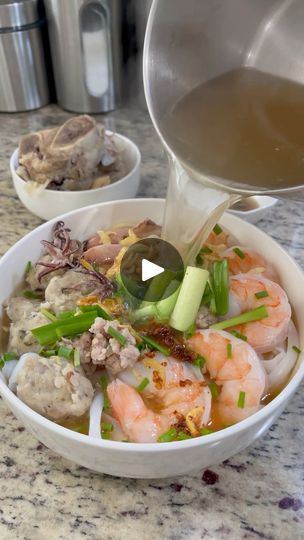 9K views · 361 reactions | Pork and seafood noodle soup/Hu Tieu……..When I busted out this ancestor pot #heffaaclub You know we gonna be eating it for the next few days 😂. Dried shrimp 🍤 from @khomarket. Ask them for free shipping code if available. I’m using medium size for broth. My hu tieu broth recipe: 10-12medium size bowl •26 cup water •4-5 lbs any pork bone (parboiled)•1/4 cup dried shrimp (soaked)•1-2 dried baby squid or tentacle (roasted then rinse)•1-2 tablespoons preserved cabbage •1 tablespoons msg •2.5 tablespoons salt •2 oz rock sugar or 1.5 tablespoons white sugar •1 tablespoons fish sauce (3 crab brand? 1• In a pot add water, parboiled bone, dried shrimp, dried squid and preserved cabbage. Cover and bring to a full boil. 2•Uncover and scoop out all the scums 3•Cover and le Hu Tieu, Dried Squid, Baby Squid, Rock Sugar, Vietnam Food, Dried Shrimp, Broth Recipes, Soup Season, Chinese Dishes