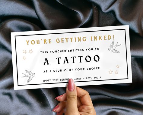 Personalised Tattoo Voucher | Birthday Voucher | Tattoo Ticket | Surprise Gift Card | Birthday tattoo | Tattoo Gift Voucher by Beauprintboutique on Etsy Tattoo Voucher, Birthday Voucher, Tattoo Ticket, Gift Card Presentation, Custom Tickets, Gift Voucher Design, Card Tattoo Designs, Birthday Tattoo, Foil Prints