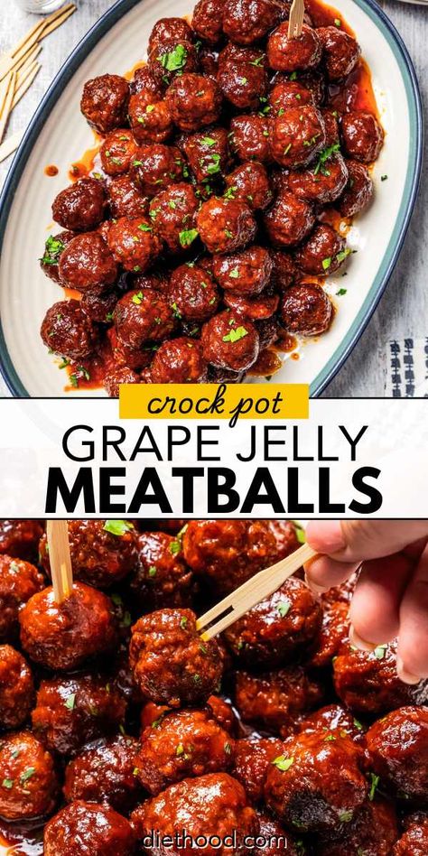 Grape jelly meatballs are a classic, crowd-pleasing holiday appetizer, and they couldn't be easier to make! With just 3 ingredients, these sweet and sticky cocktail meatballs come together in the crockpot with minimal effort. Perfect for parties or gatherings! Slow Cooker Grape Jelly Meatballs, Grape Jelly Chili Sauce, Spicy Asian Noodles, Homemade Grape Jelly, Grape Jelly Meatballs Recipe, Jelly Meatballs, Grape Jelly Meatballs, Cocktail Meatballs, Homemade Appetizer