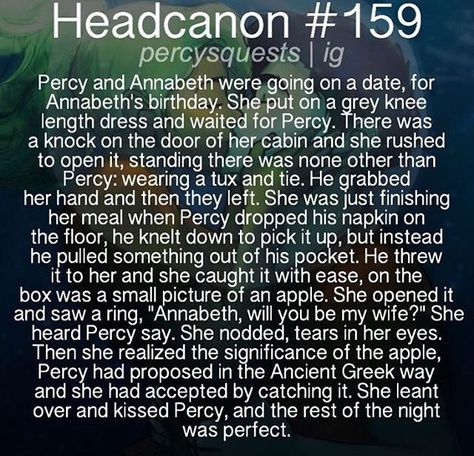 The Apple. So romantic. Headcanons Percy Jackson, Percabeth Headcannons, Percy Jackson And Annabeth Chase, Percy Jackson And Annabeth, Pjo Headcannons, Percy Jackson Annabeth Chase, Lightning Thief, Proposal Pictures, Percy Jackson Ships