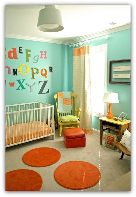 aqua/lime green/orange nursery  Would love to have done my boys rooms like this when they were babies Gender Neutral Bedroom Kids, Marvel Nursery, Neutral Kids Bedroom, Orange Nursery, Baby Nursery Neutral, Trendy Baby Nursery, Stylish Nursery, Neutral Room, Nursery Colors